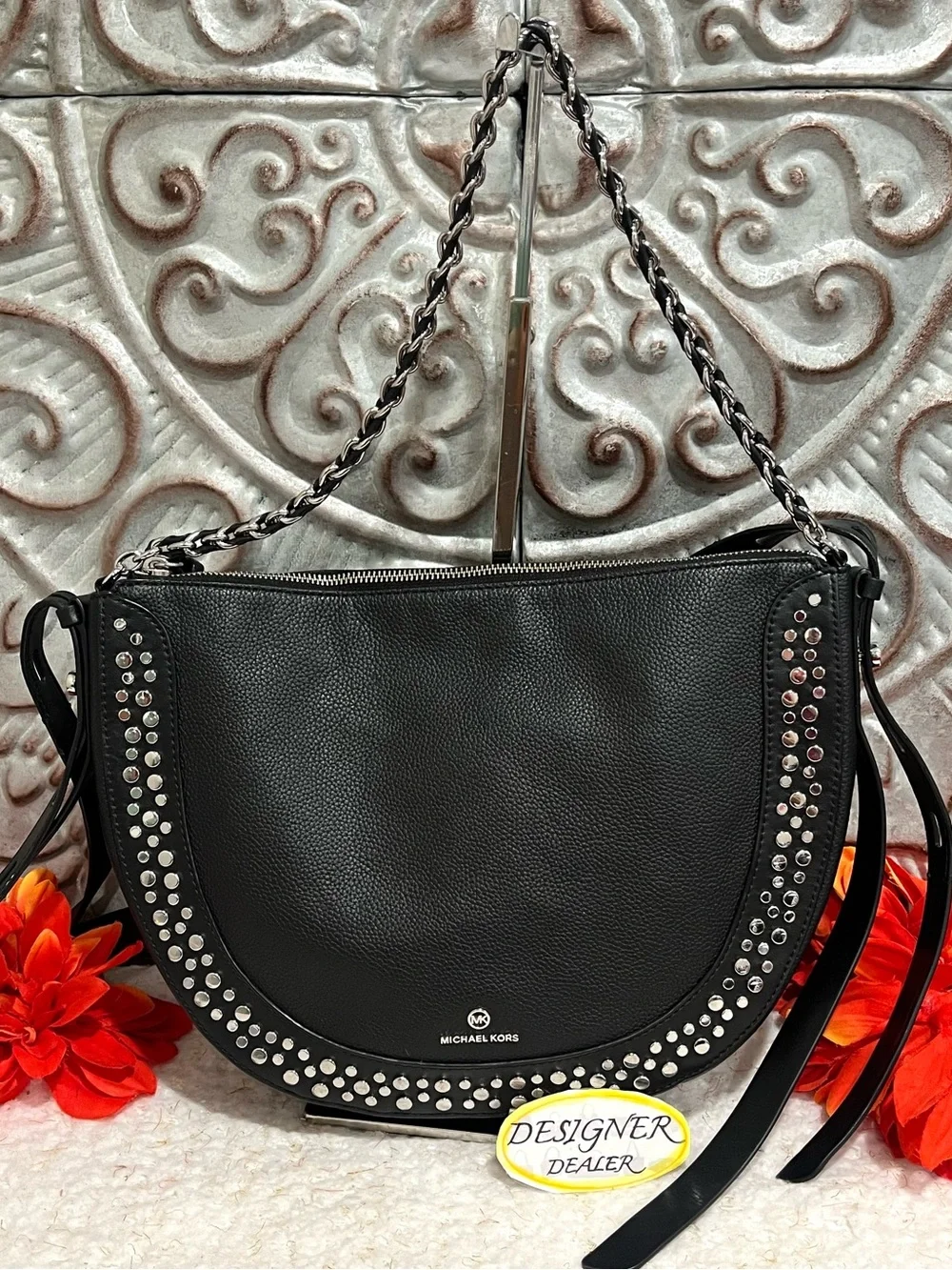 MICHAEL KORS Jagger Black Studded Messenger Bag Black EUC!